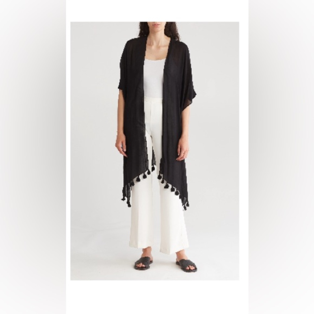 New! Nordstrom Black Viscose Kimono ruana style with Fringe OSFM - Picture 1 of 15